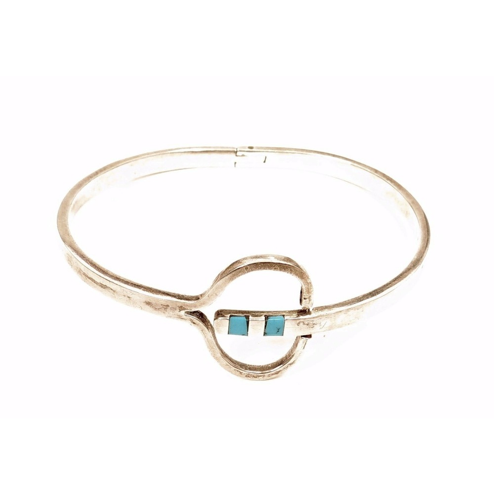 Vintage Inlaid Turquoise Abstract Heart Accent Sterling Silver 925 Hinged Bangle